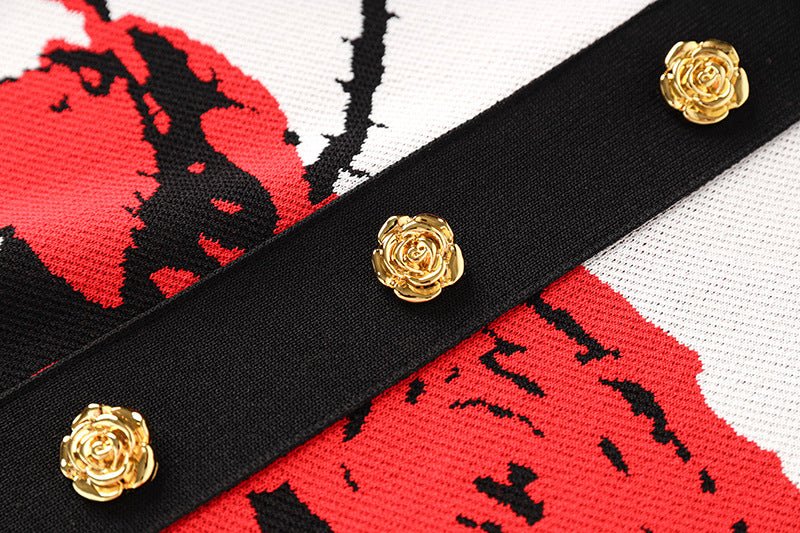 Red floral pencil skirt with gold-tone button embellishments