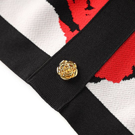Red Floral Sleeveless Crop Top with Golden Buttons
