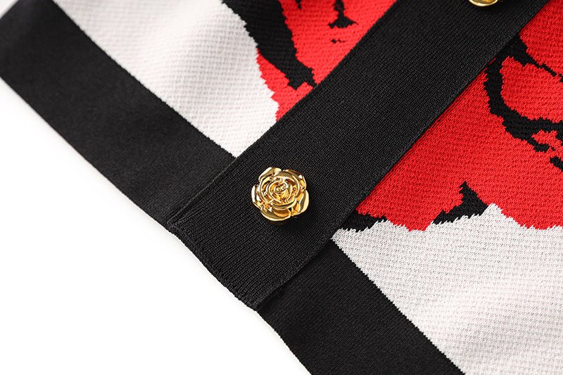 Red Floral Sleeveless Crop Top with Golden Buttons