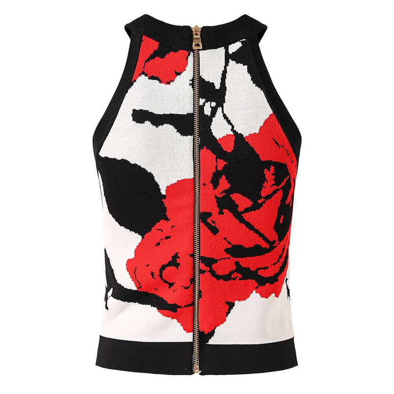 Red Floral Sleeveless Crop Top with Golden Buttons