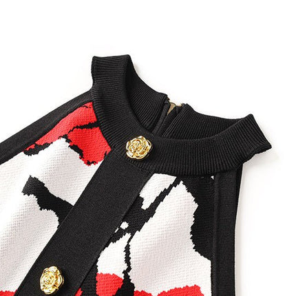 Red Floral Sleeveless Crop Top with Golden Buttons