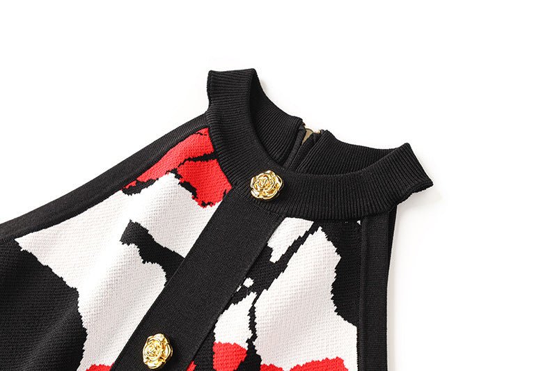 Red Floral Sleeveless Crop Top with Golden Buttons