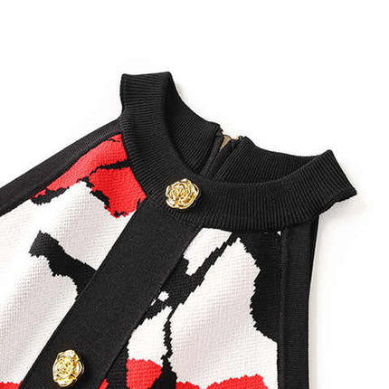 Red Floral Sleeveless Crop Top with Golden Buttons