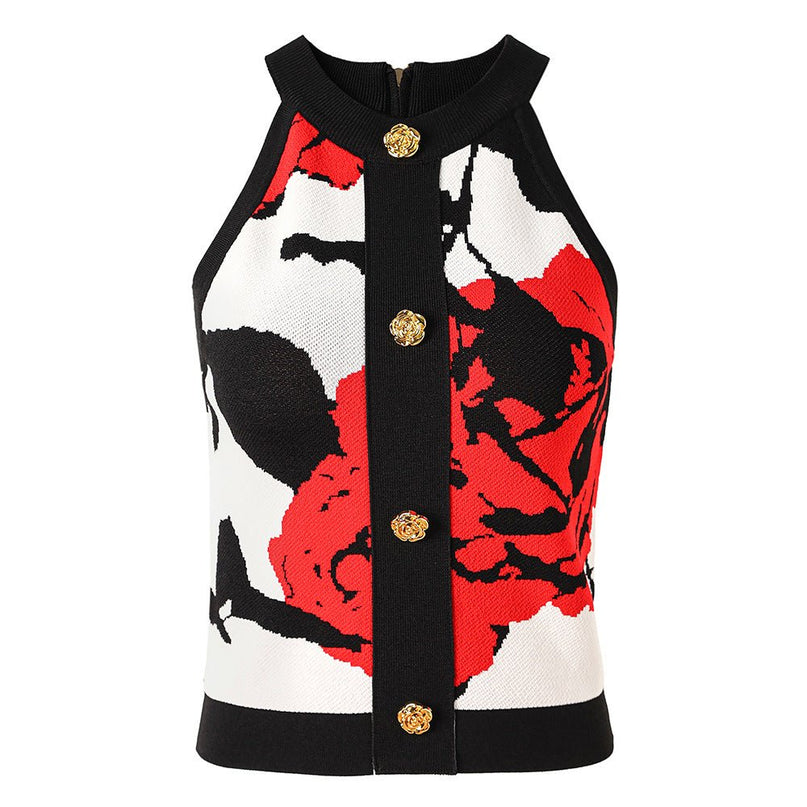 Red Floral Sleeveless Crop Top with Golden Buttons