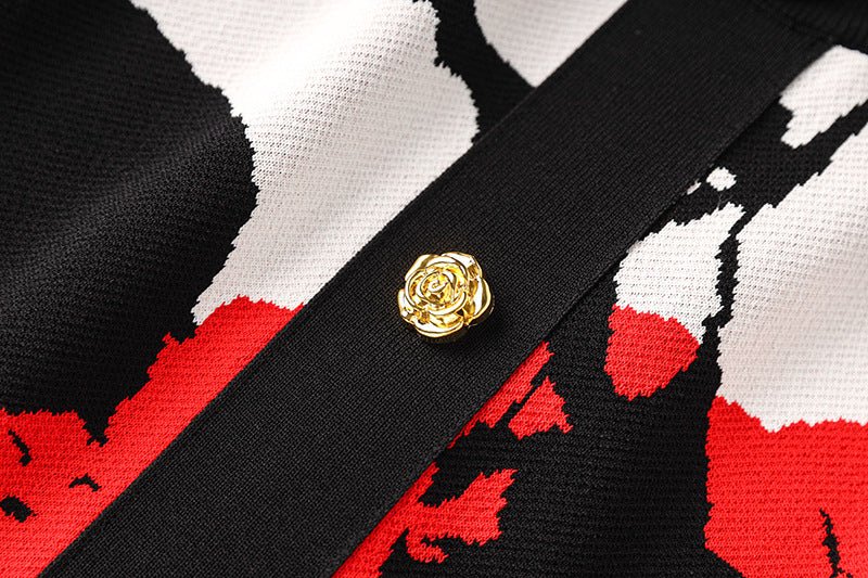 Red Floral Sleeveless Crop Top with Golden Buttons