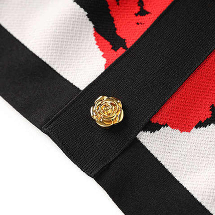 Red Floral Sleeveless Crop Top with Golden Buttons