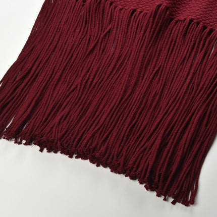 Red Fringe Hem Sleeveless Dress in Deep Burgundy