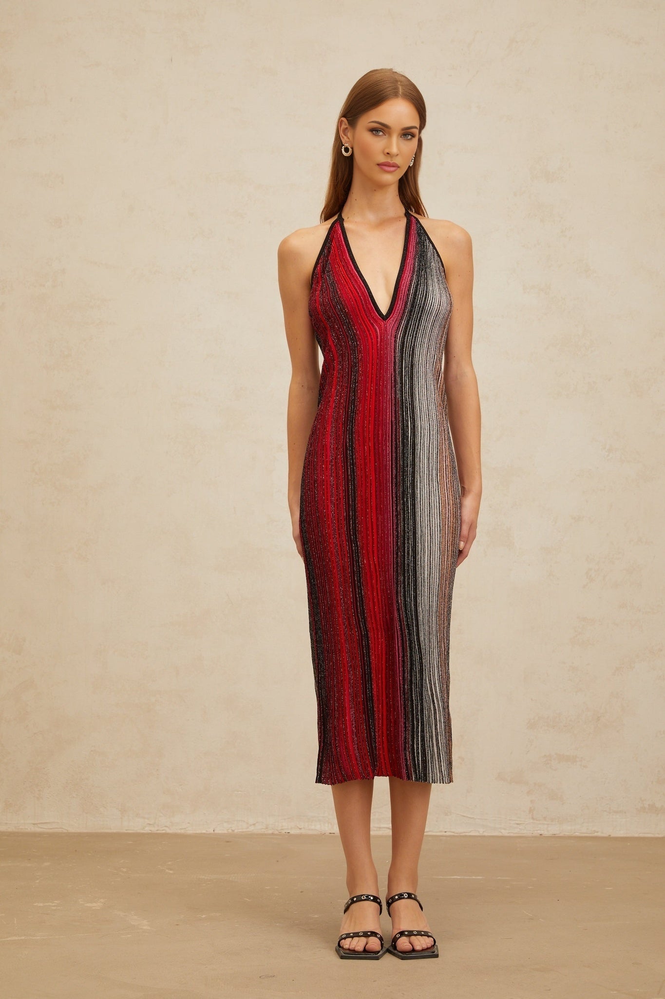Red Halterneck Knitted Midi Dress with Stripe Pattern and Sequin Embellishment