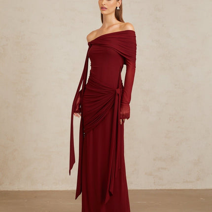 Red Juniper Twilight Sonata Gown off-the-shoulder long sleeve front tie detail pleated asymmetrical ruched draped floor length silhouette cotton spandex
