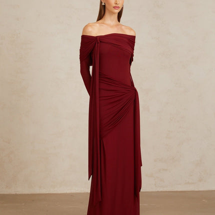 Red Juniper Twilight Sonata Gown off-the-shoulder long sleeve front tie detail pleated ruched asymmetrical draped floor length silhouette cotton spandex