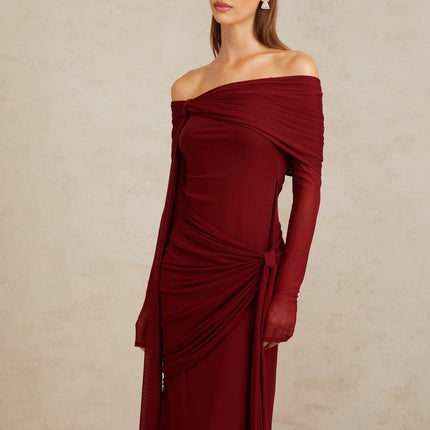 Women's Red Juniper Twilight Sonata Gown Off-Shoulder Long Sleeve Front Tie Detail Pleated Ruched Asymmetrical Draped Floor Length