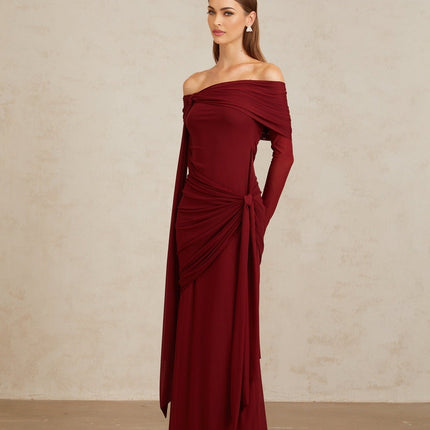 Red Juniper Twilight Sonata Gown off-the-shoulder long sleeves front tie detail pleated asymmetrical ruched draped floor length silhouette cotton spandex
