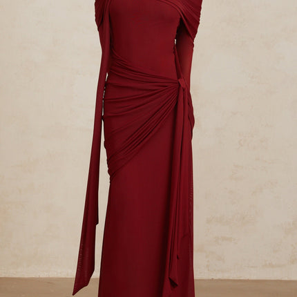 Red Juniper Twilight Sonata Gown off-the-shoulder long sleeve front tie detail pleated ruched asymmetrical draped floor length silhouette cotton spandex