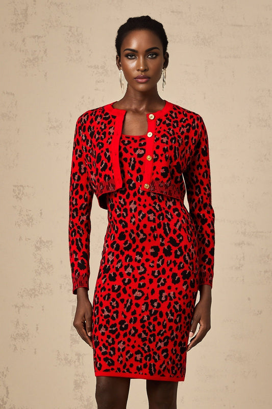 Red leopard print cardigan with metallic shimmer