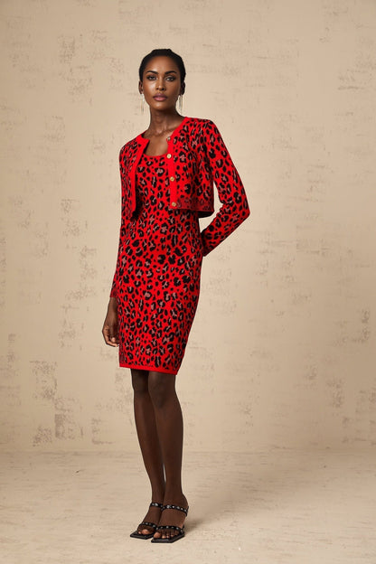Red leopard print cardigan with shimmering lurex fabric