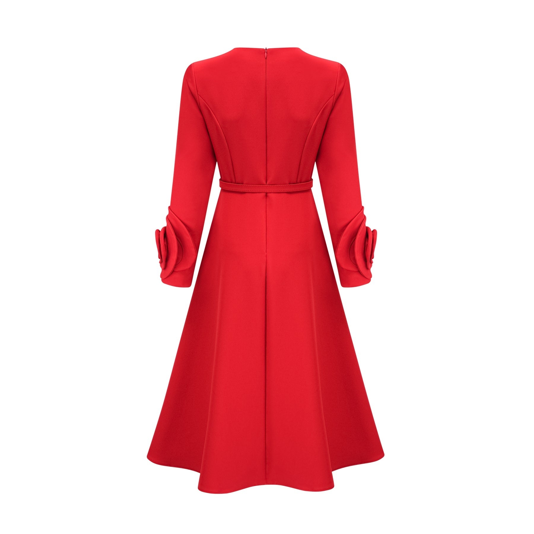 Red long sleeve dress with floral details named Aurelia