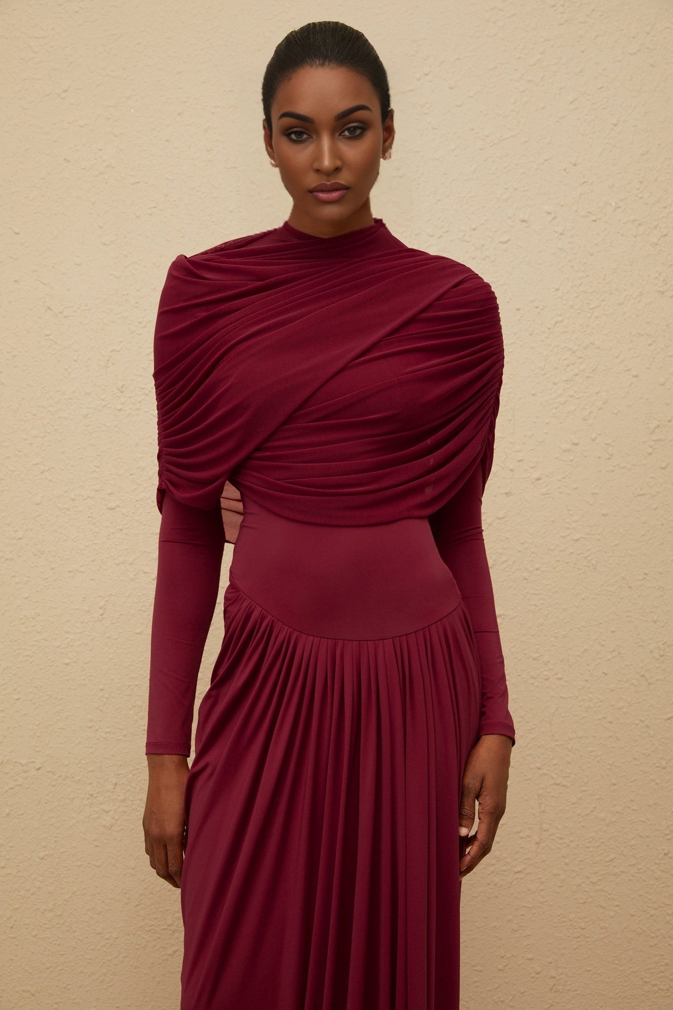Red Mesh Shawl Asymmetrical Dress with Pleated and Draped Detailing