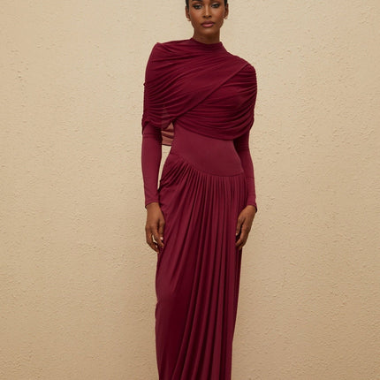 Red Mesh Shawl Asymmetrical Dress