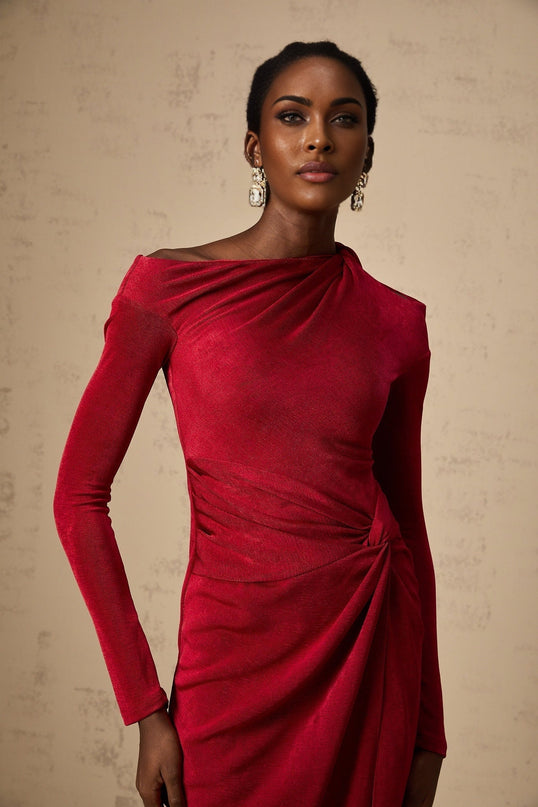 Red midi dress with high slit and gathered fabric featuring a design named Monica