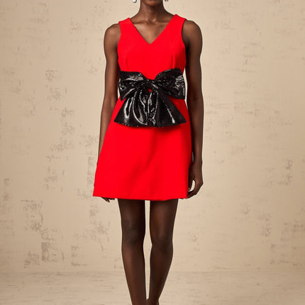 Red mini dress with Vneck and sequin bow detail