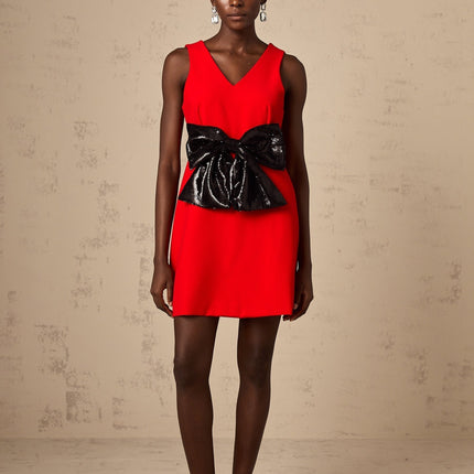 Red mini dress with Vneck and sequin bow detail