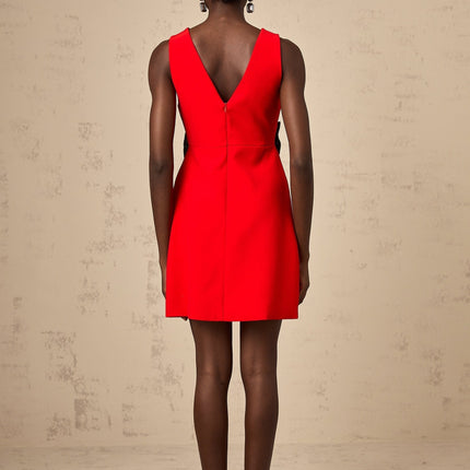 Red mini dress with Vneckline and sequin bow detail