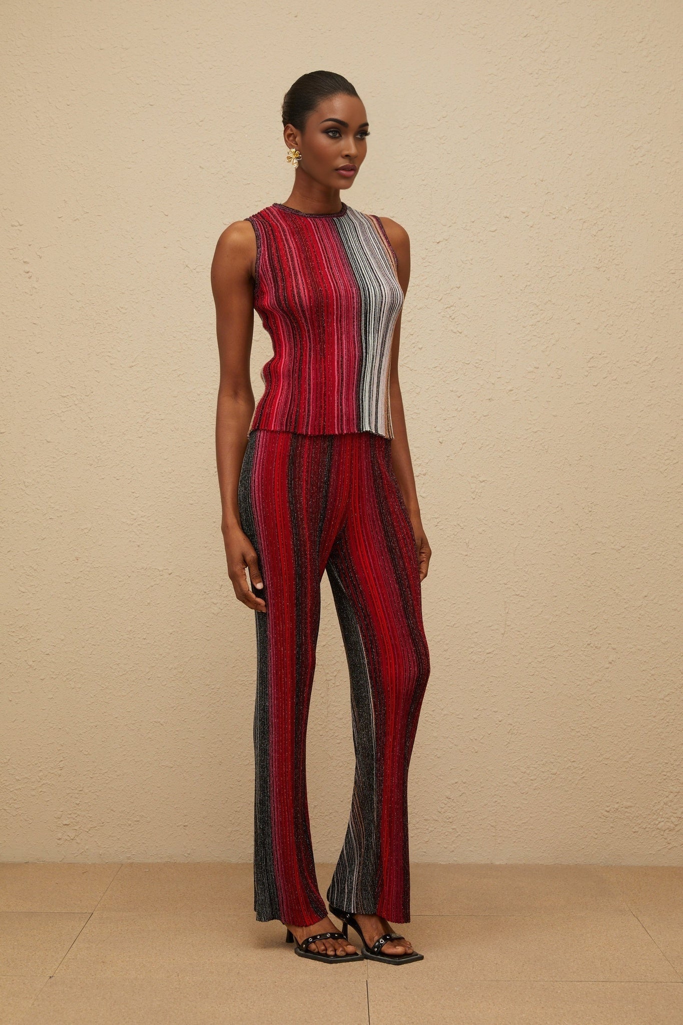 Red and Multicolor Knitted Metallic Threaded Sleeveless Top and Wide Leg Trousers Set