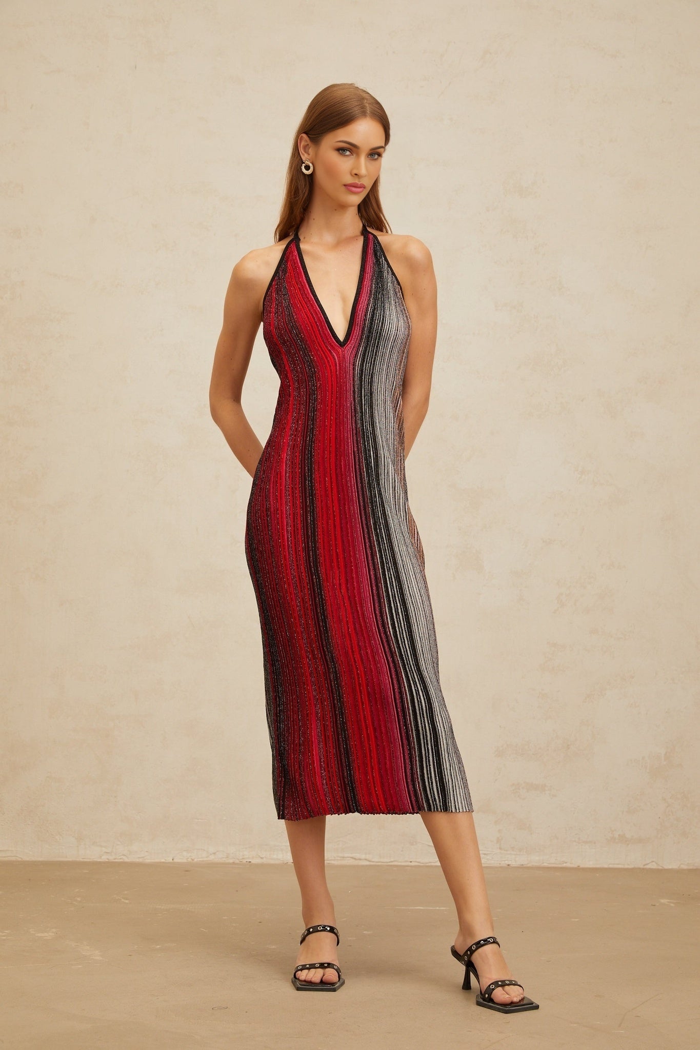 Red and Multicolor Striped Sequin Halterneck Midi Dress