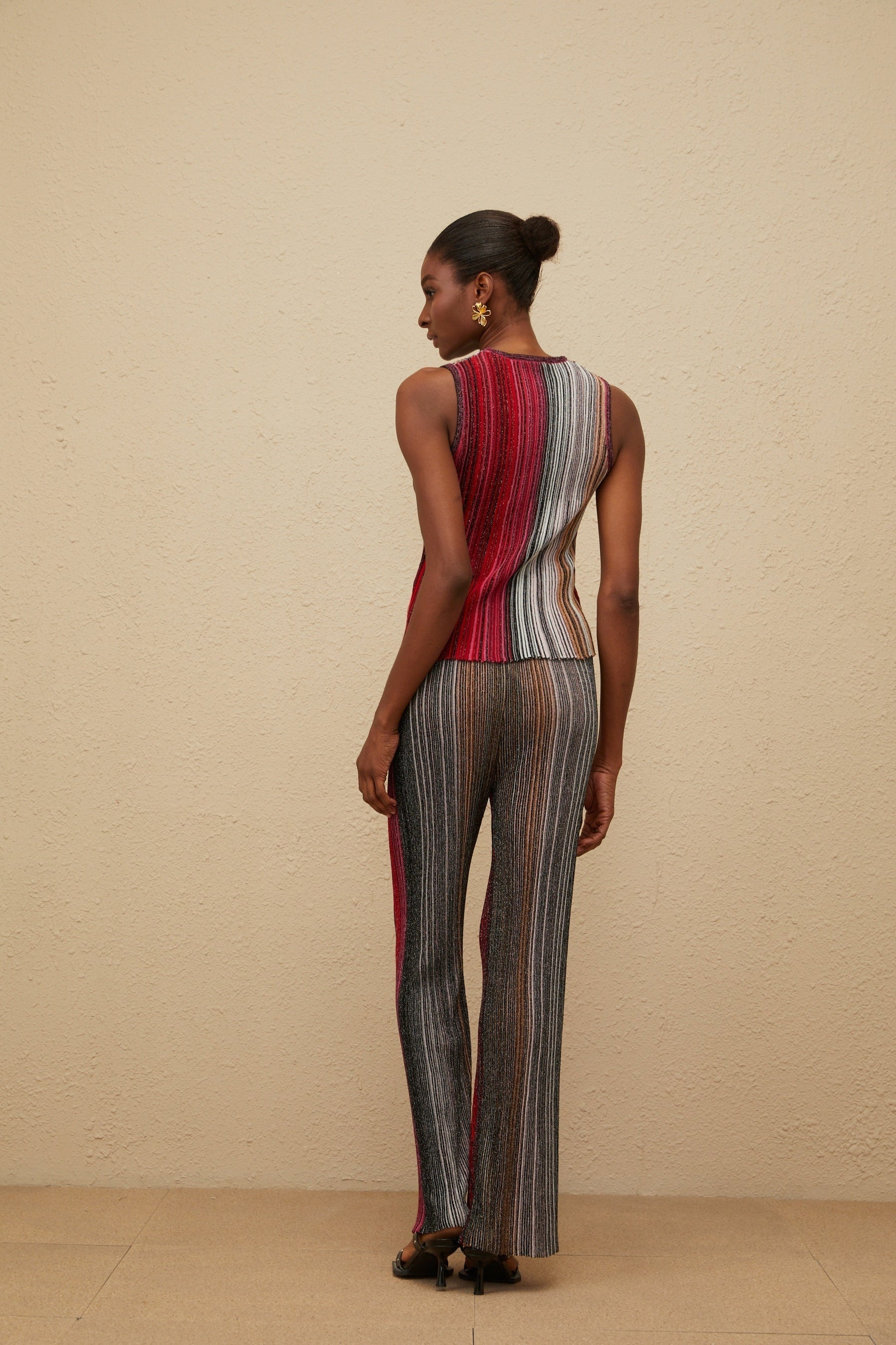 Red and Multicolor Sleeveless Knitted Top and Wide Leg Trousers with Metallic Threading and Glitter Detailing