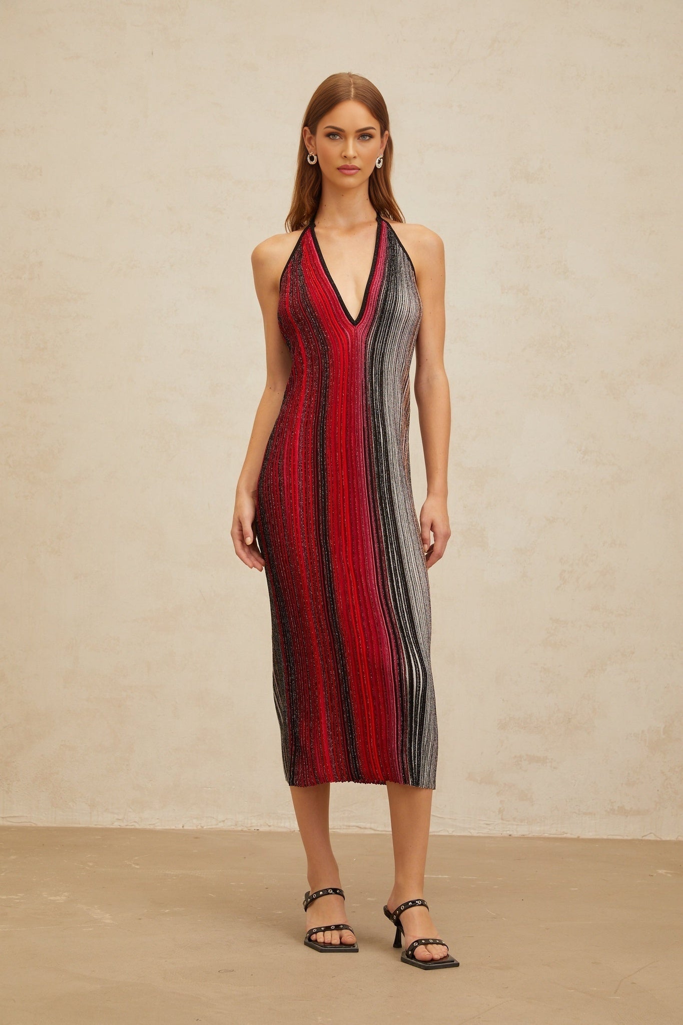 Red Multicolor Stripe Sequin Halterneck Midi Dress