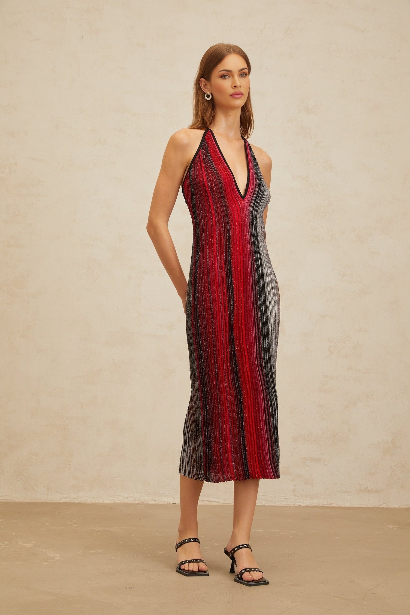 Red Multicolor Striped Sequin Halterneck Midi Dress