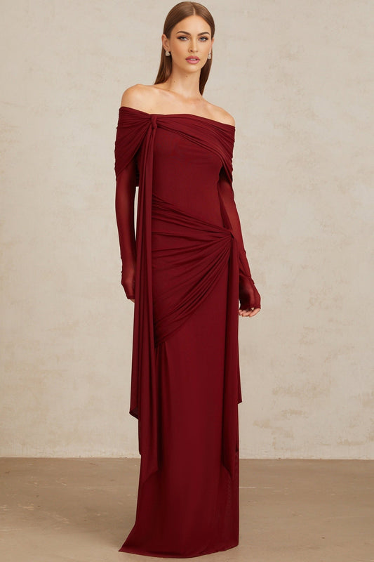 Red Off the Shoulder Long Sleeve Maxi Dress with Front Tie Detail