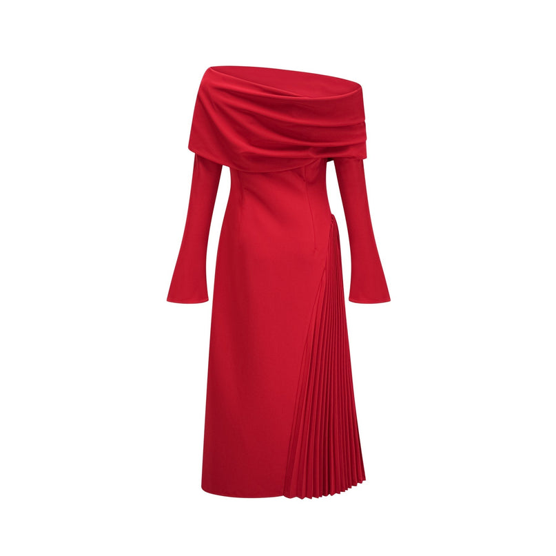 Red pleated maxi dress with high slit for Valentines Day occasion