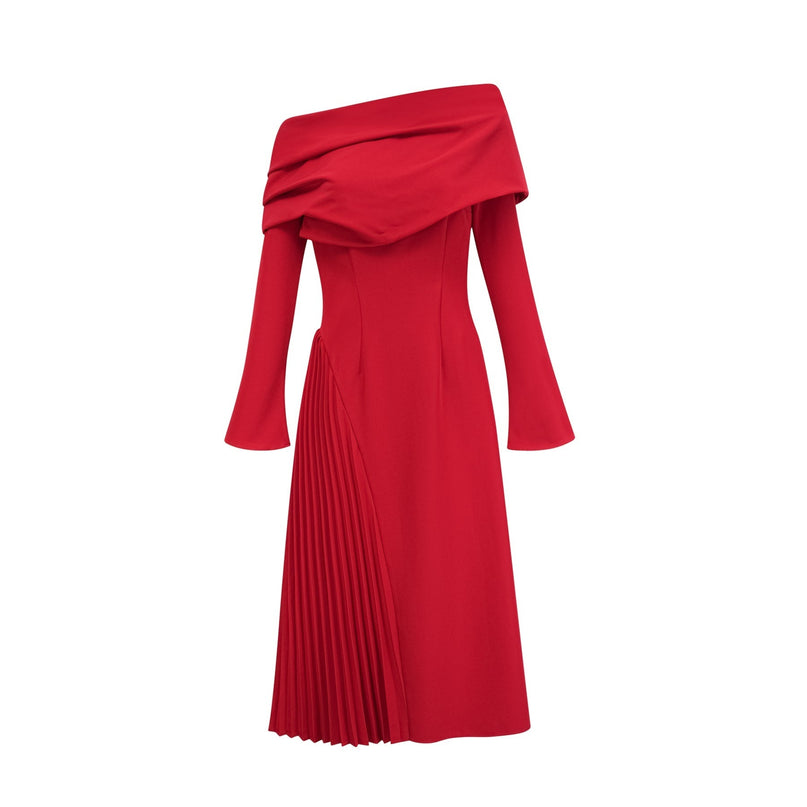 Red pleated maxi dress with high slit for Valentines Day occasion