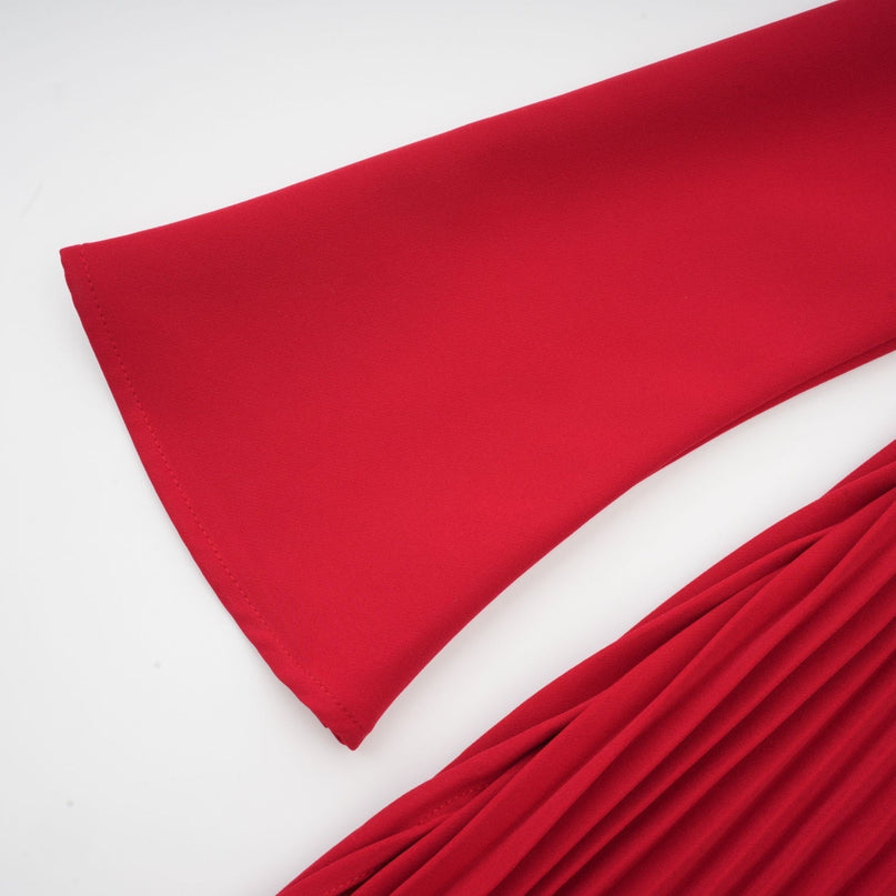 Red pleated maxi dress with high slit for Valentines Day occasion