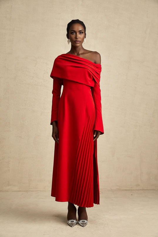 Red pleated maxi dress with high slit for Valentines Day
