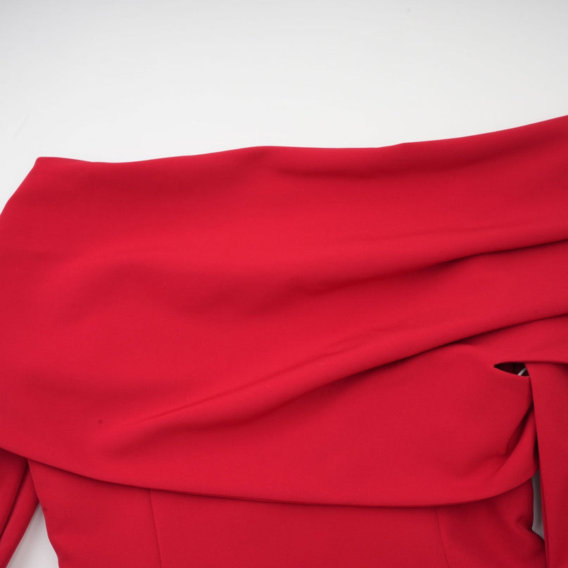 Red pleated maxi dress with high slit for Valentines Day