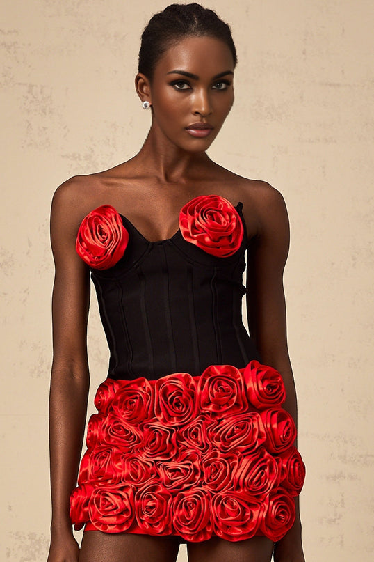 Red rose applique matching top and skirt set in Heloise style