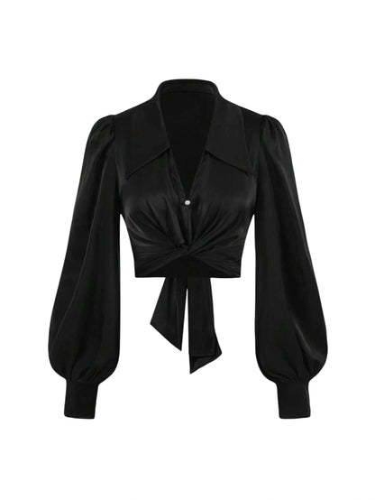 Victoria satin tie-front blouse with long billowy sleeves, silky fabric, and a sophisticated design