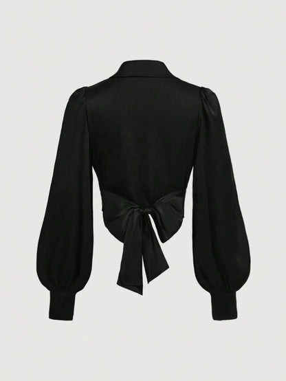 Red Satin Shirt With Front Lapel Twist And Bow Tie Christmas Shirt Sexy ShirtConcert Women