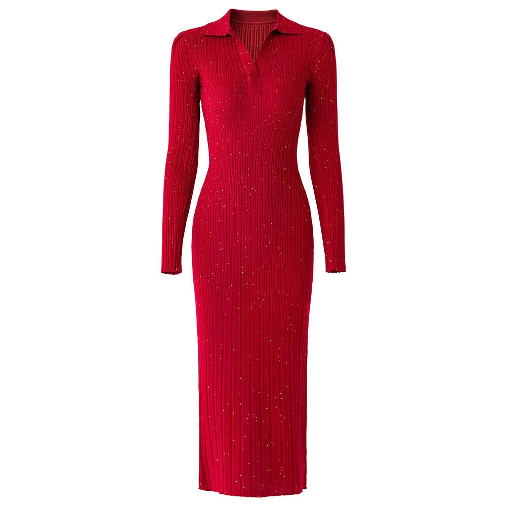 Red Shimmering Polo Collared Bodycon Dress
