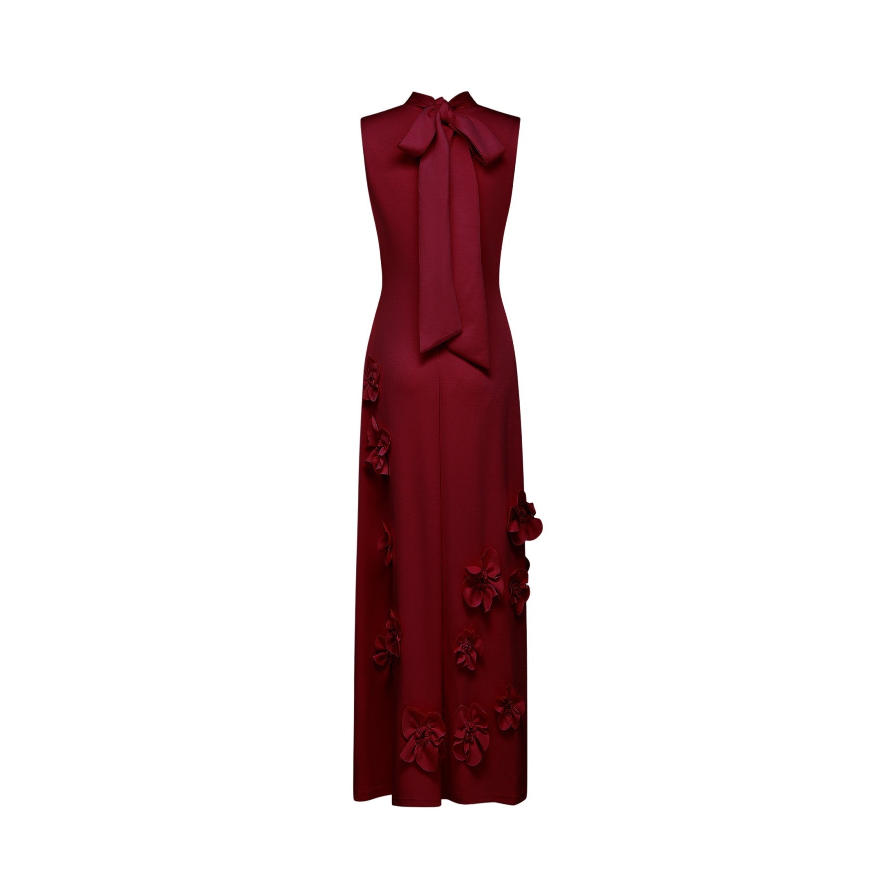Red sleeveless maxi dress with bow tie and faux flower embellishments