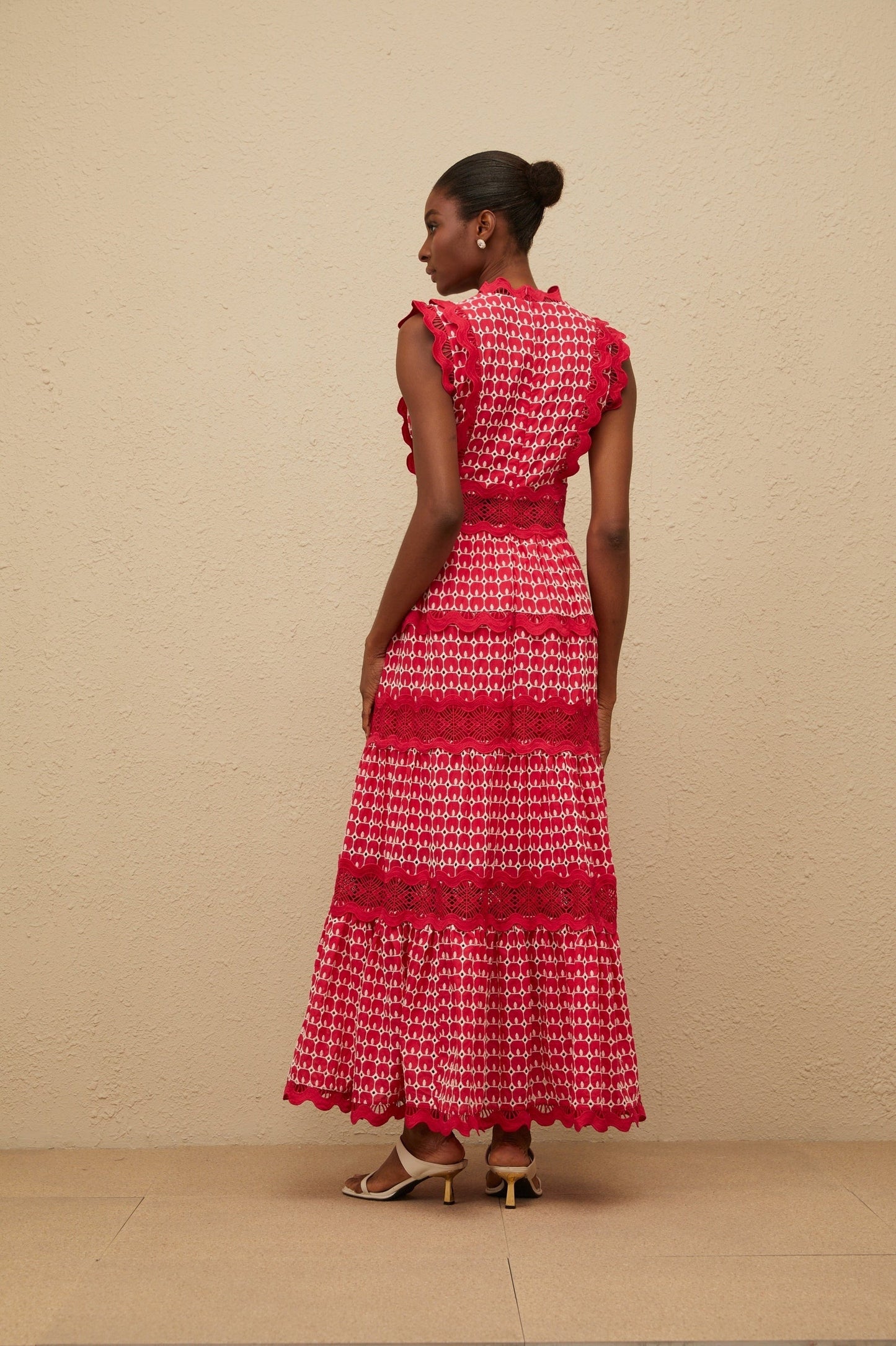 Red Sleeveless V-Neck Lace Panel Maxi Dress with Cut-Out Design