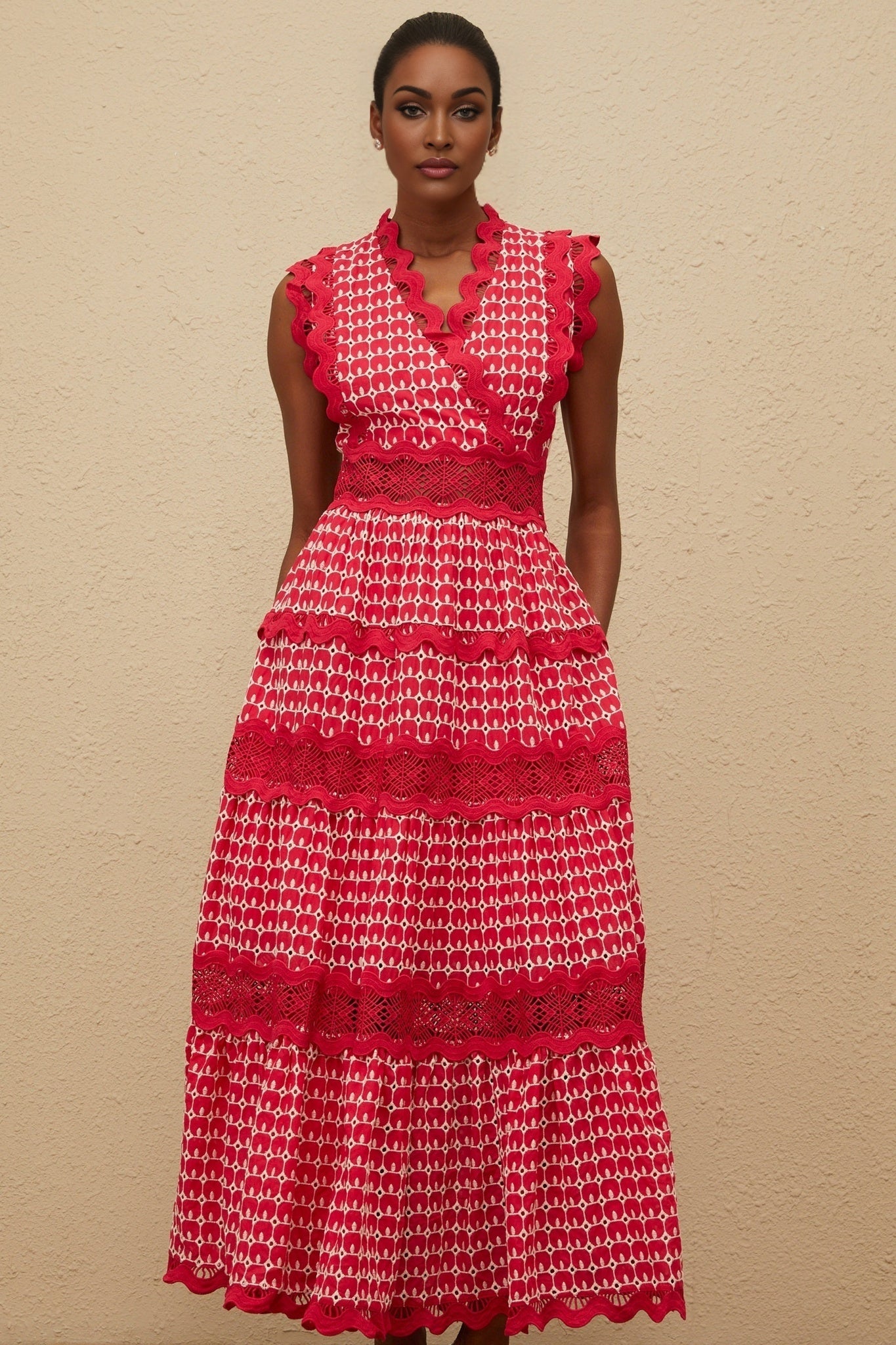 Red Sleeveless V-Neck Lace Panel Maxi Dress