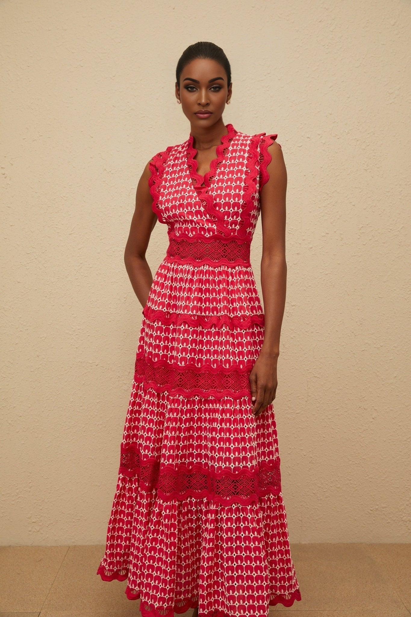 Red Sleeveless V-neck Maxi Dress with Lace Panelling and Cut-out Design