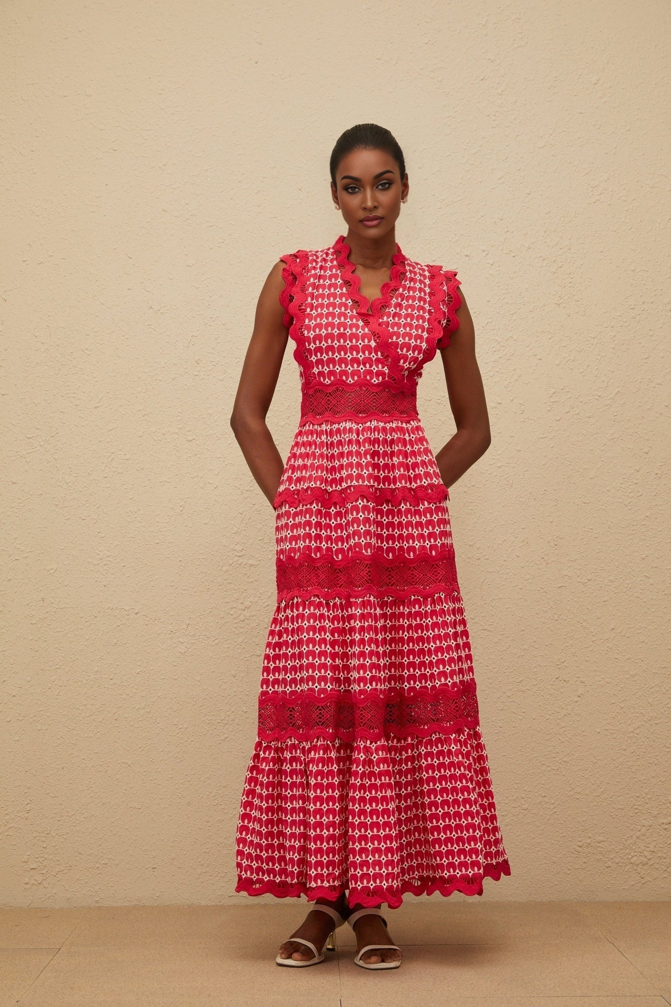 Red Sleeveless V-neck Maxi Dress with Cut-out Design and Lace Panelling