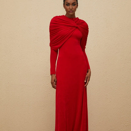 Red stretch cape design maxi dress with ruched detailing and rear zip fastening