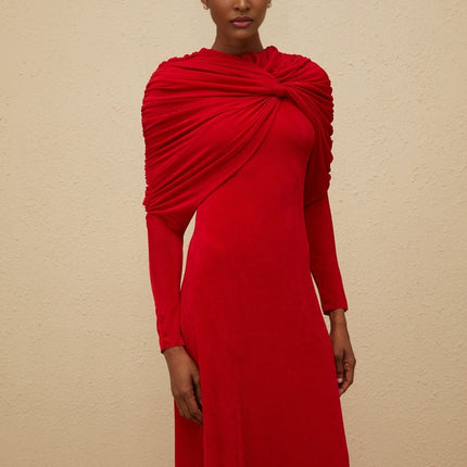 Red Stretch Cape Maxi Dress with Ruched Detailing