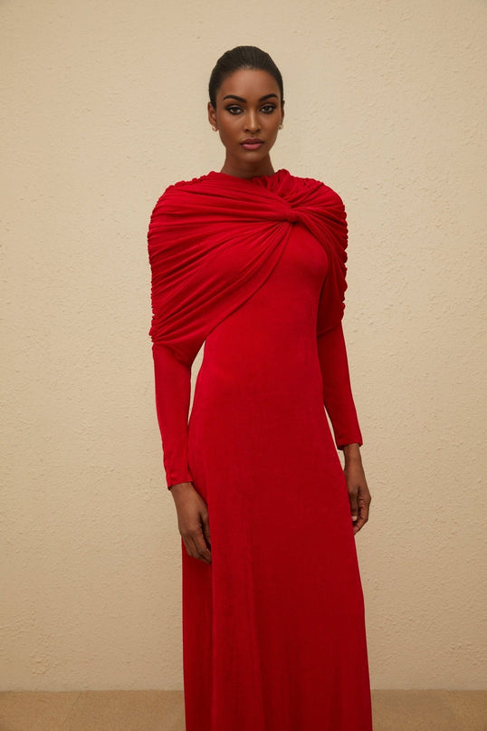 Red Stretch Cape Maxi Dress with Ruched Detailing