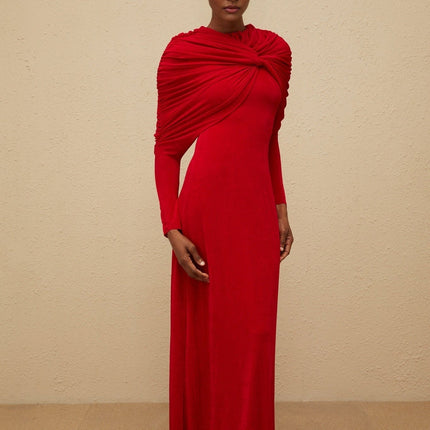 Red Stretch Cape Maxi Dress with Ruched Detailing